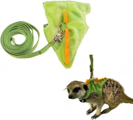 Ferret Leash and Harness Set, Dinosaur Design Small Animal Harness with Leash, Adjustable & Escape-Proof, Soft Plush Comfort for Rabbits, Kitten, Bunny, Hedgehog (Green)