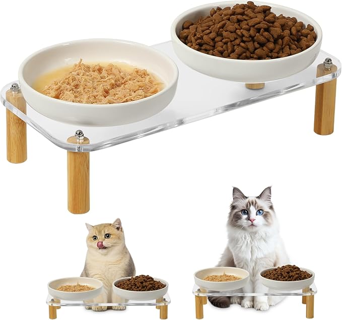 Elevated Cat Bowls for Indoor Cats – Modern Acrylic Cat Food Table with 2 Ceramic Dishes, Adjustable Height (4.05"/2.87"), Whisker Friendly Raised Feeding Station