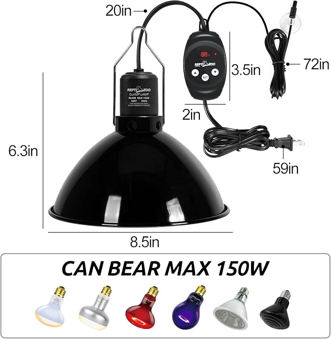 REPTI ZOO Reptile Light Fixture with Dimming Thermostat, 8.5 Inch Deep Dome Lamp Fixture with Reptile Heat Lamp Bulb Temperature Controller Reptile Dimming Thermostat Max 150W