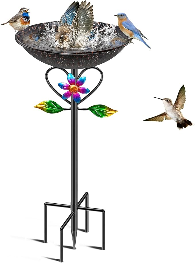 Vintage Metal Bird Bath for Outside, Standing Bird Feerder with Sunflower Love Decoration, Detachable Birdbaths Bowl for Outdoor Yard Lawn Garden Decor (A-Brown)