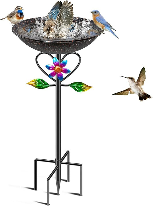 Vintage Metal Bird Bath for Outside, Standing Bird Feerder with Sunflower Love Decoration, Detachable Birdbaths Bowl for Outdoor Yard Lawn Garden Decor (A-Brown)