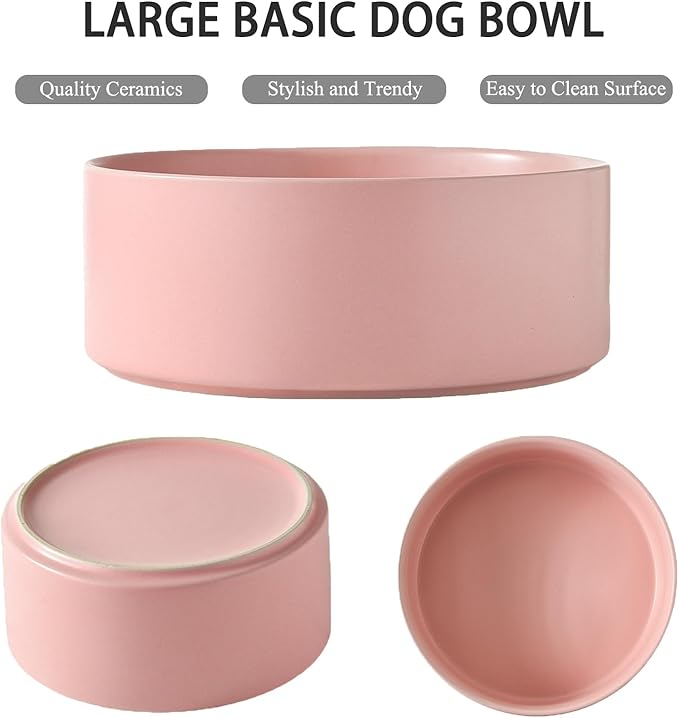 8'' Ceramic Raised Dog Bowl - 70Oz Dog Food & Water Bowl with Elevated Non-Slip Bamboo Stand, Dishwasher & Microwave Safe, Anti Vomiting Heavy Duty Pet Bowl for Medium and Large Dogs, Pink