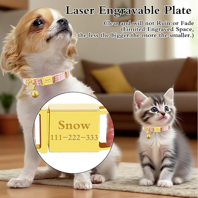 Personalized Breakaway Cat Collars - Magnetic Buckle, Bell - Safety Quick Release, Customized for Girls & Boys Cats- (Houndstooth-Pink)