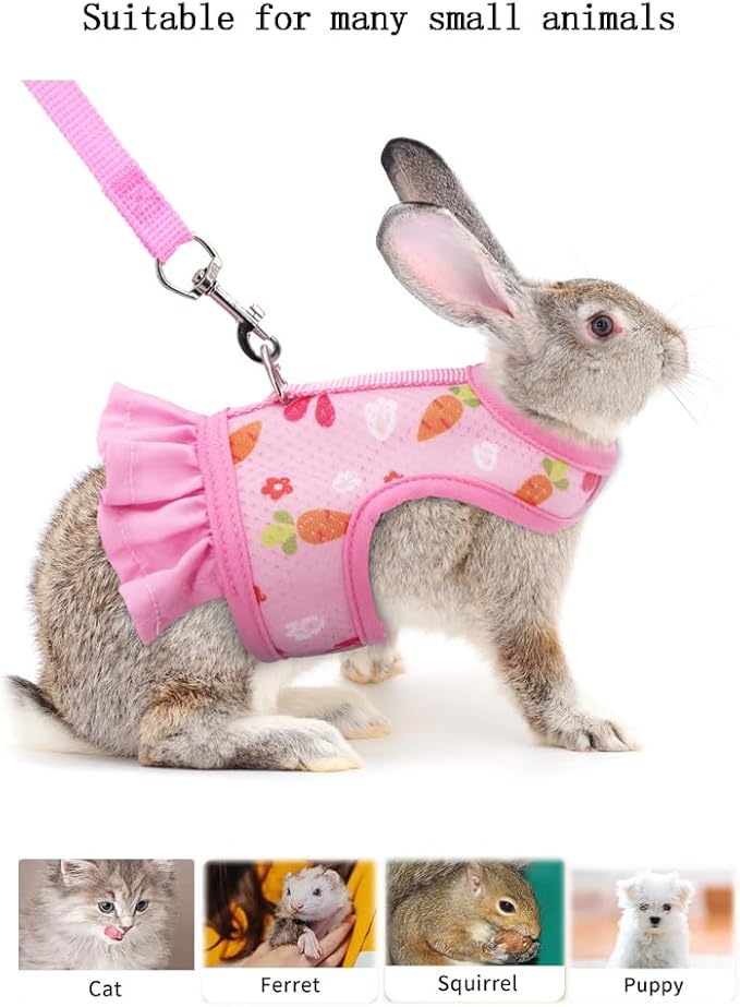 Rabbit Harness and Leash Set,Proof Walking Escape Cute Floral Mesh Vest Breathable Rabbit Costumes for Bunny, Hiking, Training for Ferret Kitten Puppy Small Animals Pink S
