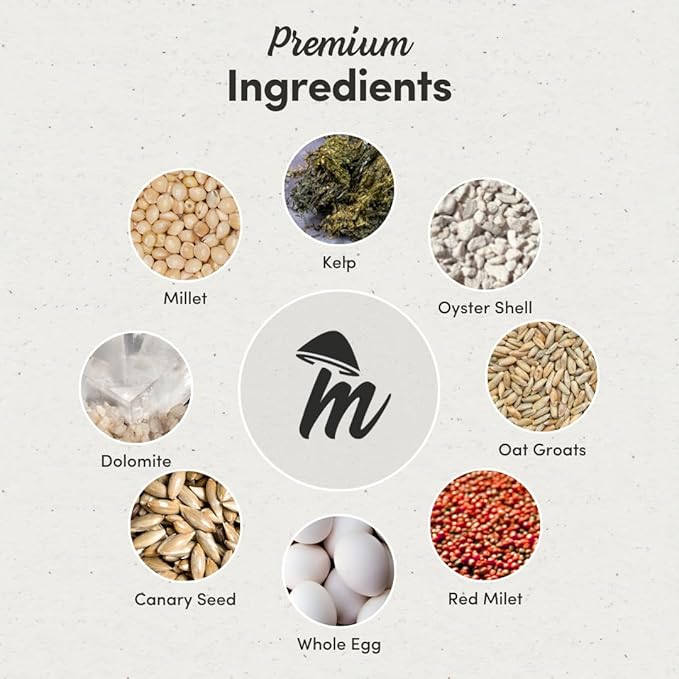 Mycelium Pet Bird Superfood | Bird Seed for Parakeets, Finches, Canaries | Vitamin-Enhanced Mix with Egg, Millet, Canary Seed, & Kelp | Feather & Molting Support | Organic & Non-GMO 5 lb Bag