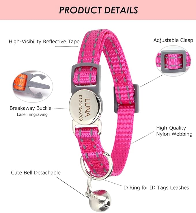 Personalized Reflective Cat Collar with Bell and Breakaway Buckle - Engraved Name and Phone Number