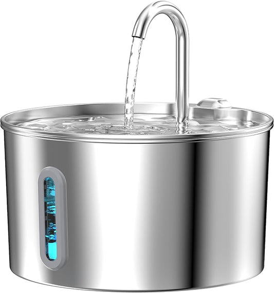 Cat Water Fountain Stainless Steel: 2.2 L Cat Fountain for Drinking - Automatic Pet Water Fountain for Cats Inside - Metal Cat Dog Water Dispenser Bowl with Faucet Water Level Window Ultra Quiet Pump