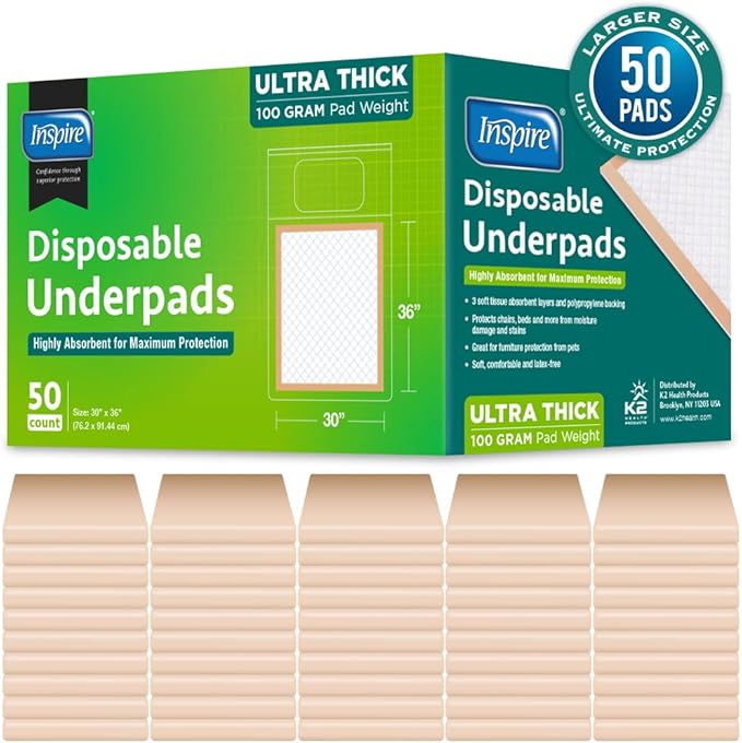 Inspire Extra Large Super Absorbent Disposable Bed Pads for Incontinence Ultra Thick and Absorbent Bed Pads Disposable Adult | Puppy Pads | Pee Pads for Adults (30" X 36" Pack of 50)