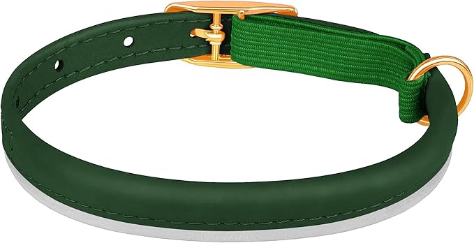 OOPSDOGGY Rolled Leather Cat Collar with Bell - Reflective Kitten Collar with Safety Elastic Strap - Adjustable Small Pet Collars for Boy Girl Cats (Green)