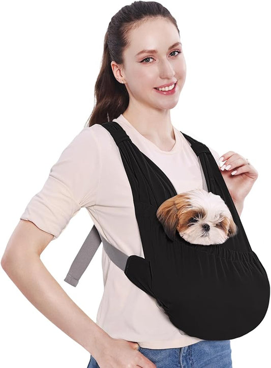 Supet Dog Sling Carrier for Small Pets, Hands Free Cat Sling, Reducing Back Neck Pain Anti-Anxiety Puppy Front, Adjustable Soft Dog Carrying (Black, Regular)