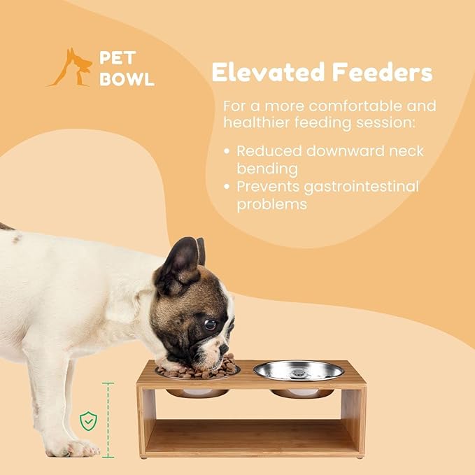 Flexzion Elevated Dog Bowl Stand Raised Dog Bowl Holder Pet Feeding Station Dish Riser 14 Oz 4.7-Inch Tall Food and Water Platform Stainless Steel Raised Food Bowl for Dogs and Cats with Wooden Stand