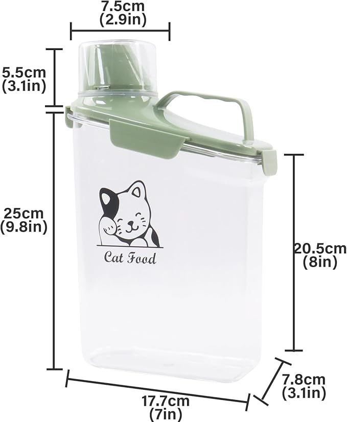 Pet Food Storage Container with Measuring Cup and Pour Spout - Airtight, Leakproof, Portable Cat Food Dispenser - Green