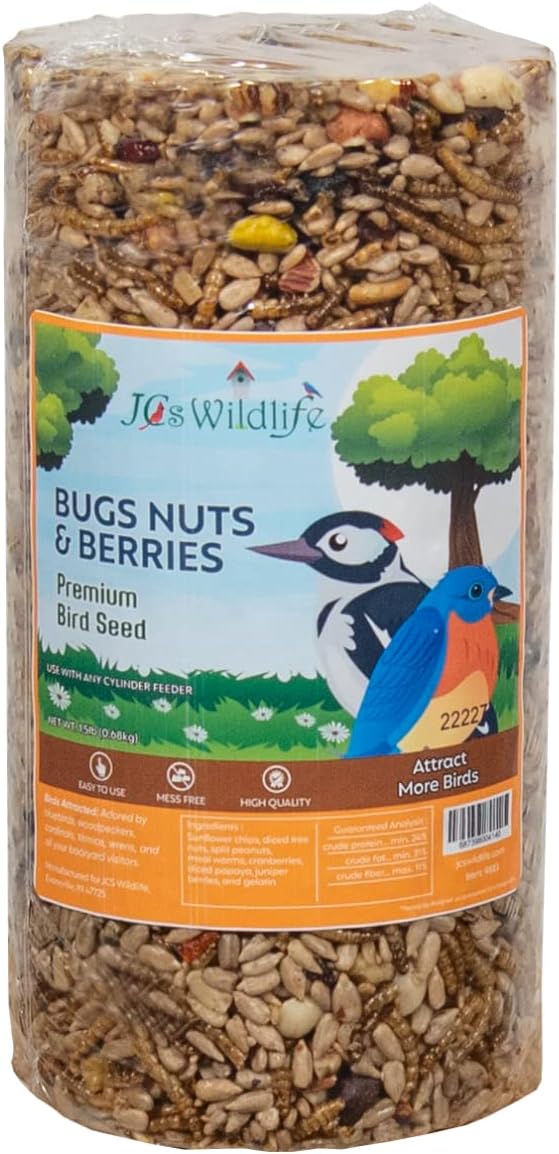 JCs Wildlife Bugs, Nuts and Berries Premium Bird Seed Small Cylinder, 1.5 lb (2 Cylinder)