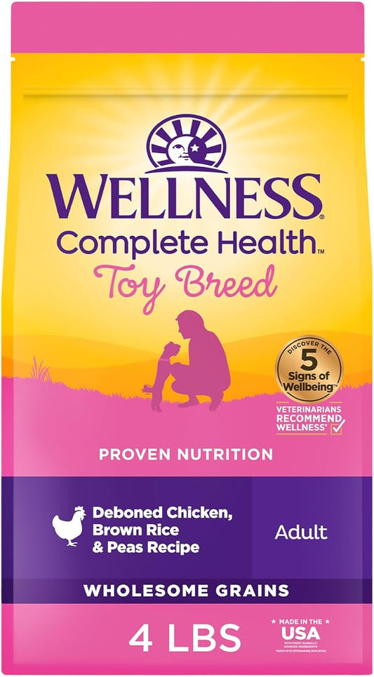 Wellness Complete Health Dry Dog Food for Small Dogs, Toy Breed, Wholesome Grains, Natural, Chicken, Brown Rice, & Peas Recipe, 4-Pound Bag