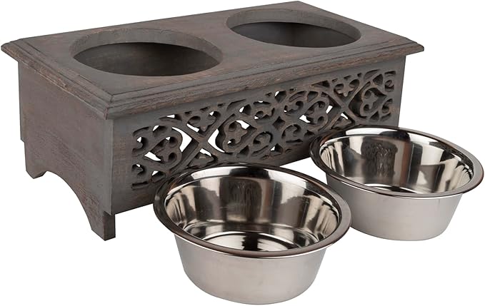 GoCraft Raised Dog Bowls for Small Dogs | Elegant Farmhouse Grey Washed Elevated Wooden Stand Feeder with 2 Stainless Steel Bowls for Your Pet Food & Water