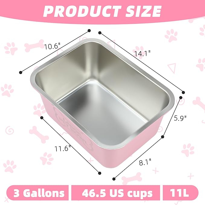 3 Gallons Large Dog Water Bowl, High Capacity Stainless Steel Dog Bowls, Indoor Outdoor Water Bowl for Dogs Metal Pet Food Dish for Medium Large Giant Breed Easy to Clean (Pink)