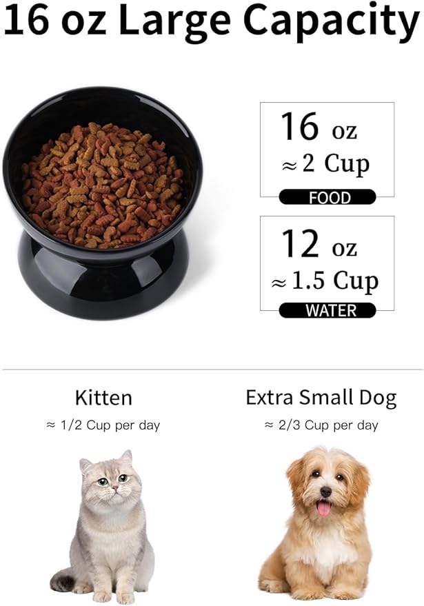 Cat Water Bowl, 16 OZ Ceramic Elevated Cat Bowls, 15° Tilted and Raised Pet Food Dish, Anti Vomiting Protect Pets' Spines and Whisker Fatigue