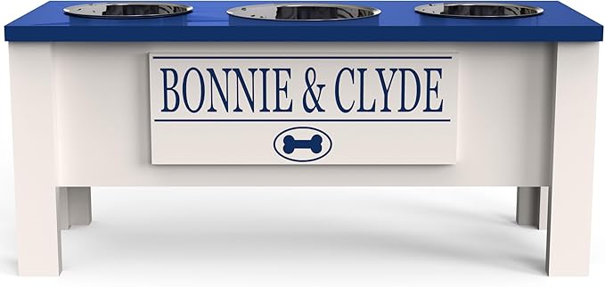 GrooveThis Woodshop - Personalized Elevated Triple Dog Bowl Stand for Large, Medium, Small, X-Small Dogs - 3 Stainless Steel Food and Water Bowls - Raised Dog Dish with Internal Storage (Large, Blue)
