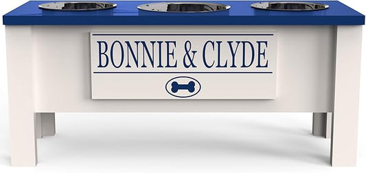 GrooveThis Woodshop - Personalized Elevated Triple Dog Bowl Stand for Large, Medium, Small, X-Small Dogs - 3 Stainless Steel Food and Water Bowls - Raised Dog Dish with Internal Storage (Large, Blue)