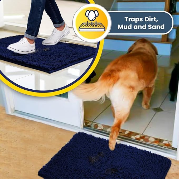 Muddy Mat® AS-SEEN-ON-TV Highly Absorbent Microfiber Dog Door Mat and Pet Rug, Non Slip Thick Washable Area and Bath Mat Soft Chenille for Kitchen Bathroom Bedroom and Indoor- Navy Blue Medium 30"X19"