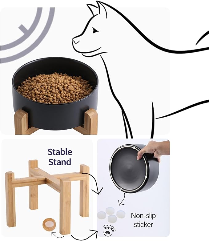 Black Elevated/Raised Dog Bowl Ceramic for Small Medium Sized Breed,Dog Food Water Bowl with Stand,6 in 3.6 Cups Non Slip Heavy Weighted