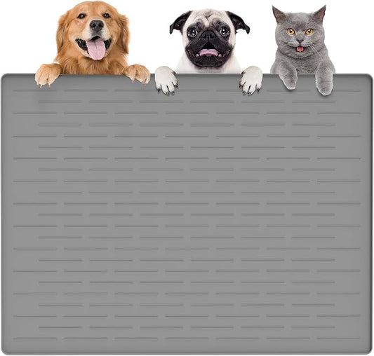 Largest Dog Food Mat, 39.5"x29.5" Silicone Dog and Cat Mat for Food and Water Bowls, Thinken Waterproof Non-Slip XXXL Pet Feeding Mat for Floors (Light Gray)