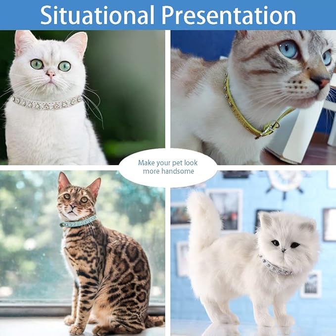 Cat Collar Rhinestone Bling Cute Cat Collars Accessories for Pet Collars Adjustable Ideal for Girl Cats Male Cats(Blue)