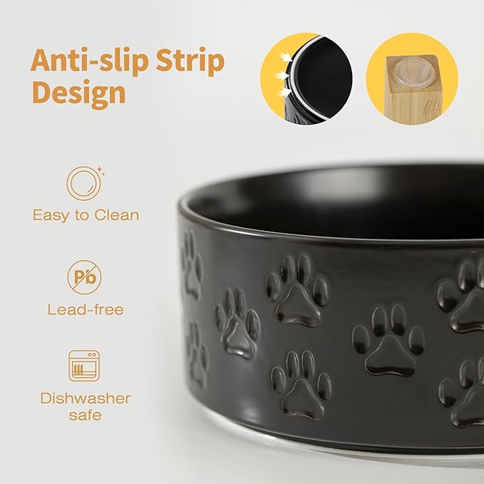 Elevated Ceramic Dog Bowl Set, 6" Dog Bowls with Dual Fixed Heights Stand, 3.5 Cup Food and Water Bowls for Small Breed Dogs, Microwave Safe (Double Bowls + Stand - Black, 6 inch)