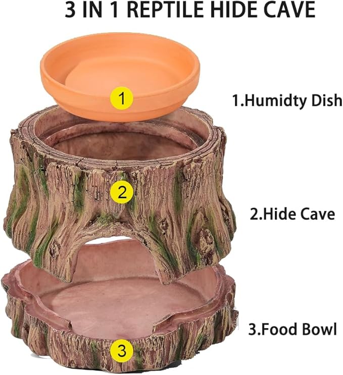 Reptile Hideout with Detachable Base and Humidity Dish, Gecko Hide Climbing Toy Tank Accessories, Terrarium Decor, Reptile Hide Cave for Crested Gecko,Lizard, Snake, Crabs