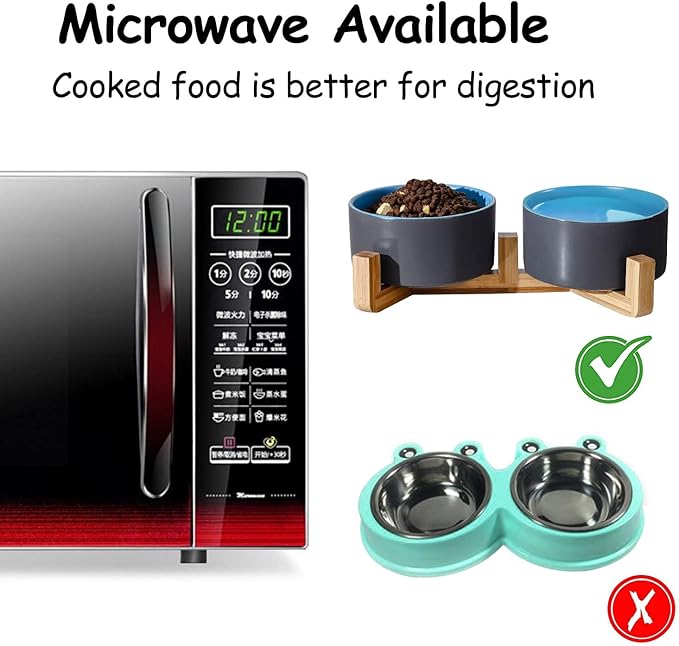 Petygooing Heavy 5.1 in Ceramic Cat Dog Bowls Set with Wood Stand for Food and Water, Non-Slip Cute Modern Pet Dish for Small Size Dogs and Cats (13.5OZ) Medium Sized Dogs (28OZ) Grey Blue