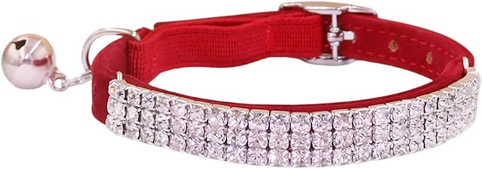 THAIN Rhinestones Cat Dog Collar Soft Velvet Safe Adjustable Collar Bling Diamante with Bells, 8-11 inch for Small Dogs and Cats (Red)