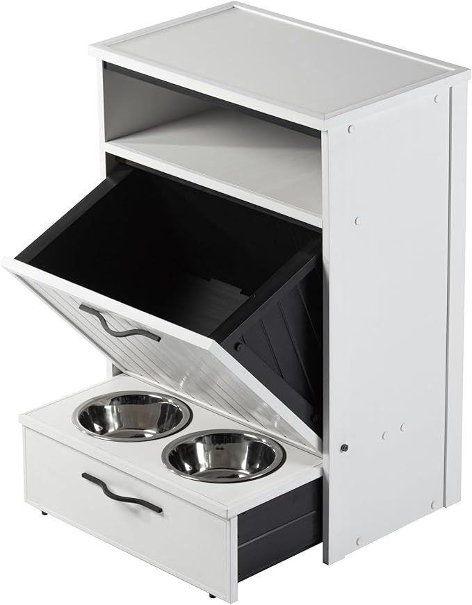 New Age Pet ECOFLEX Dog Food Pantry and Feeding Station - Antique White, Includes 2X 32oz Stainless Steel Bowls, Moisture Resistant, Easy Assembly, Holds 25 lbs of Dog Food