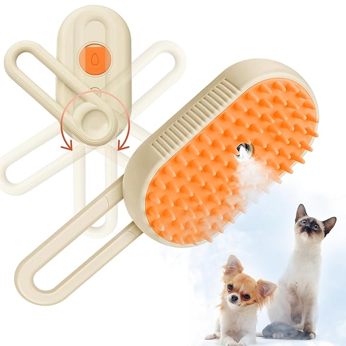 GKZ Cat Steam Brush, 3 in 1 Pet Comb for Massage, Cleaning, Shedding and Combing, Electric Mist to Prevent Flyaways for Home, Dogs and Cat Lovers - Khaki