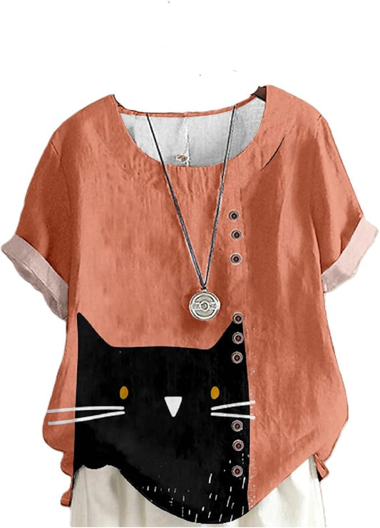 Japanese Print Women Summer Shirts Flower Bird Graphic Plus Size Tunic Tops Crewneck Short Sleeve Blouses