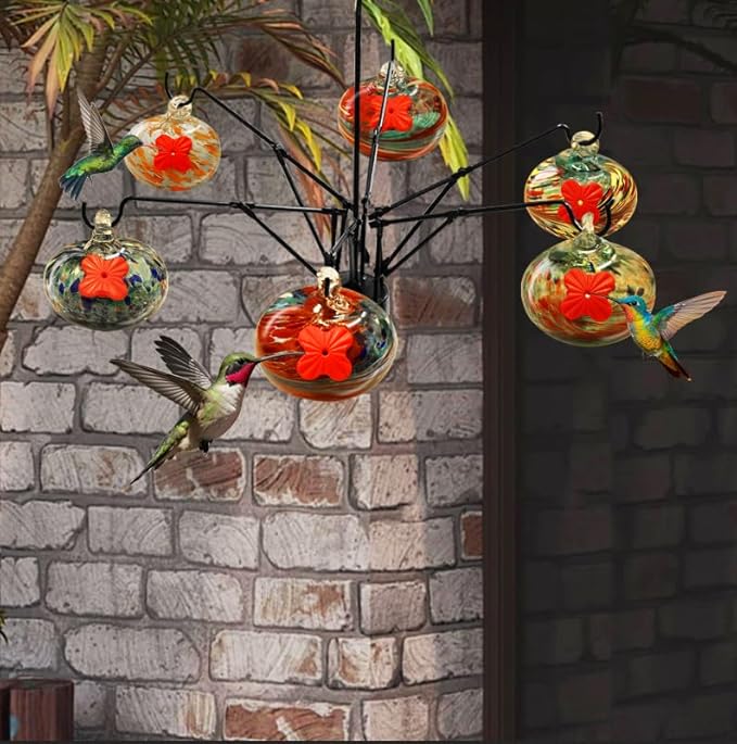 Hummingbirds Feeder for Outdoor Hanging (6 Feedind Balls),Hand Blown Glass Feeder with S Hook,Never Leak,Garden,Backyard,Patio Decor,Humming Birds Gifts
