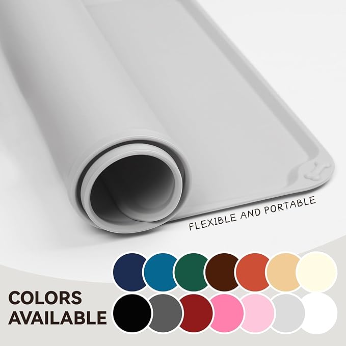 VIVAGLORY Dog Food Mat Flexmat Dog Bowl Mat, Placemat Food Tray with Raised Edges & Lip for Indoor Floor, Non Slip Waterproof Silicone Dish Placemat for Cat & Pet, L, Light Grey