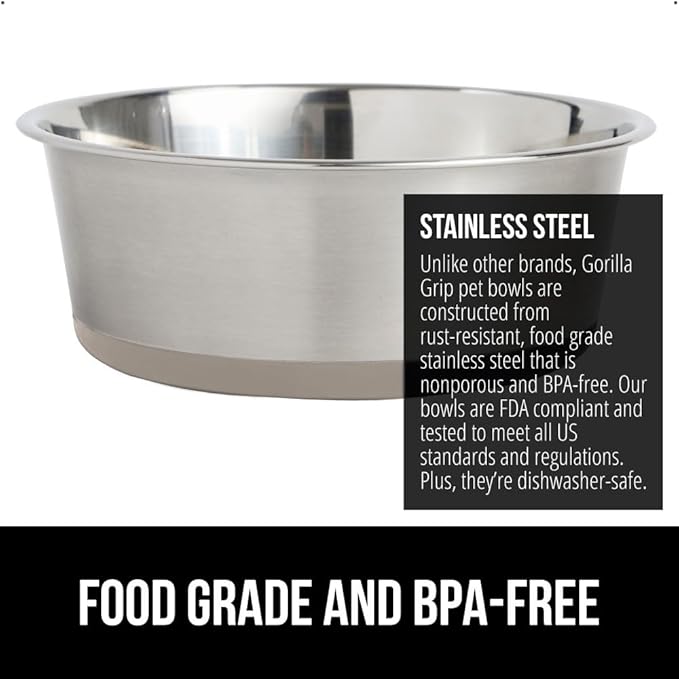 GORILLA GRIP Set of 2 Dog Bowls, Holds 6 Cups (48 fl oz), Heavy Duty Metal Food and Water Bowl for Feeding Dogs and Cats, Dishwasher Safe, Rust Resistant Stainless Steel, BPA Free Rubber Base, Beige