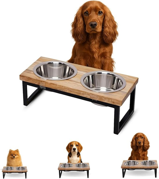 Elevated Dog Bowls, Medium 6 Height Mango Wood Raised Dog Bowl Iron Stand with 2 Pcs 64 oz Stainless Steel Pet Dishes | Food & Water 8 Cup / 1.9 L Capacity Nonslip Cats Feeding Station