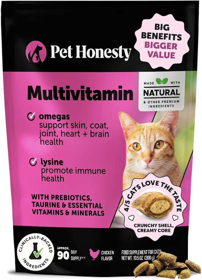 Cat Multivitamin Chews - Cat Treats for Health + Immune, Joint Support, Skin & Coat, and Digestion - Omega 3s, Lysine & Probiotics for Cats, Vitamins for Cats - Chicken (90-Day Supply)