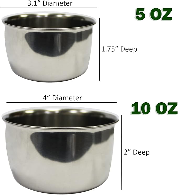 Stainless Steel Cup w/Holder - Durable Metal Mountable Food & Water Dish - Sugar Gliders, Hedgehogs, Chinchillas, Rats, Ferrets, Guinea Pigs, Rabbits, Squirrels, Birds (10 oz., Silver)