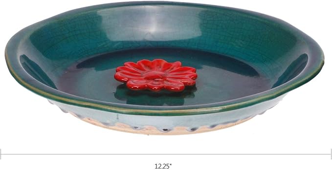 DUSVALLY Birdbath Ceramic Bowl Decor for Bee Bird for Outside, Bird Bath Bowl Vintage Decoration for Garden and Patio, Blue with Red Flower
