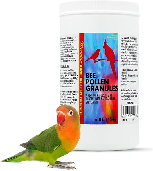 Morning Bird Bee Pollen Granules 16 Oz – Naturally Immune Support & Protein Powder for Birds – Boosts Strength, Feather Health & Energy Supplements – Easy to Mix with Food for All Bird Types