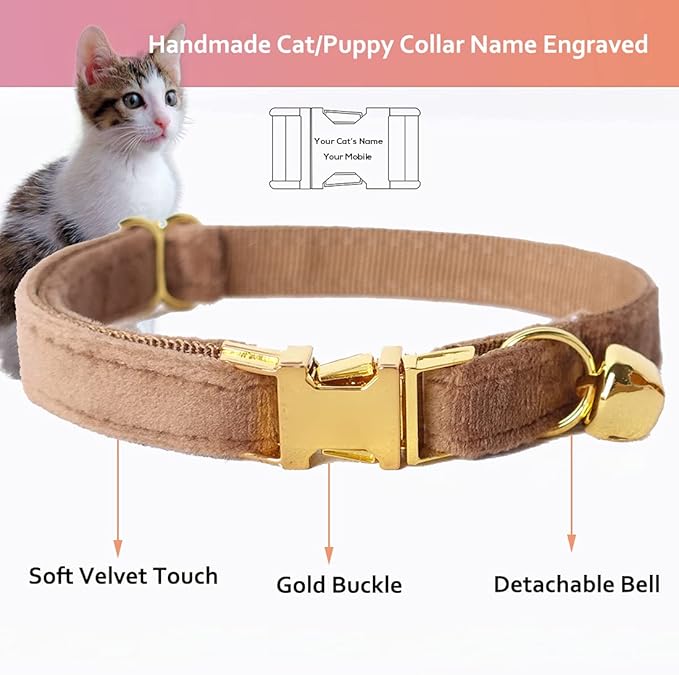 Cat Collar Personalized with Name Engraved and Bell, Customized Velvet Collars for Puppy Kittens (Brown, S)