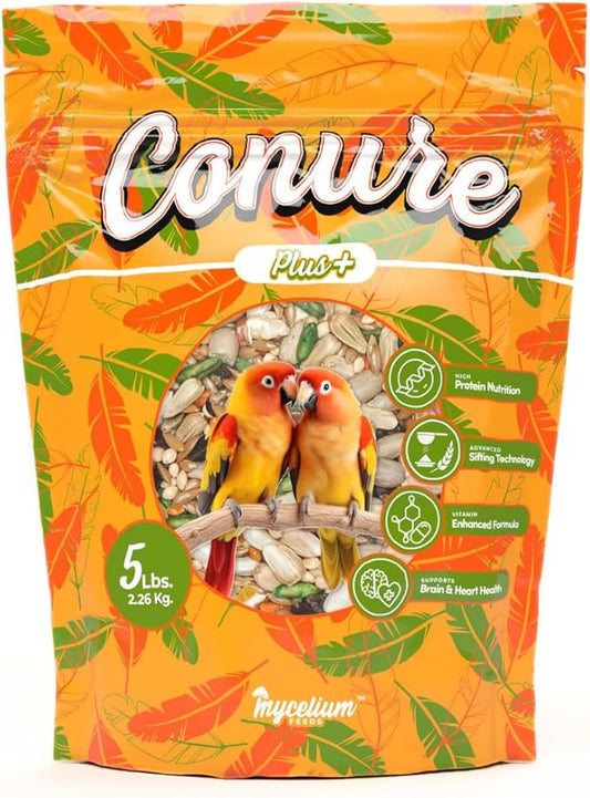 Mycelium Organic Conure Plus Feed (5 LBS) | High-Protein Bird Seed for Conures | Brain & Heart Health, Vitamin-Fortified Daily Nutrition | Omega-Rich, Non-GMO, USA Made