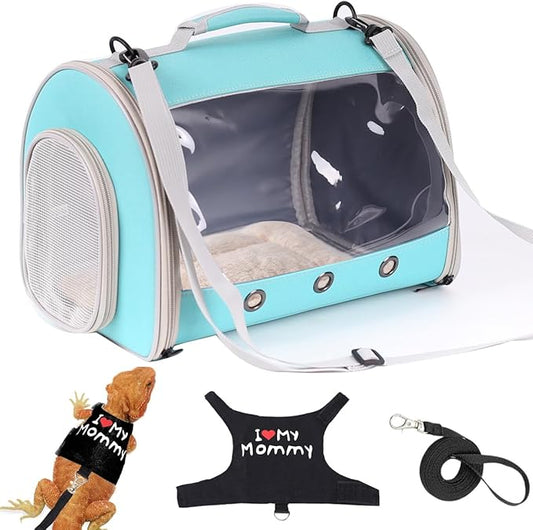 Small Animal Travel Backpack Carrier,Portable Bearded Dragon Bag for Sugar Glider,Hedgehog,Rat,Bunny,Rat,Outdoor Used (Green, Carrier L+ I Leash)