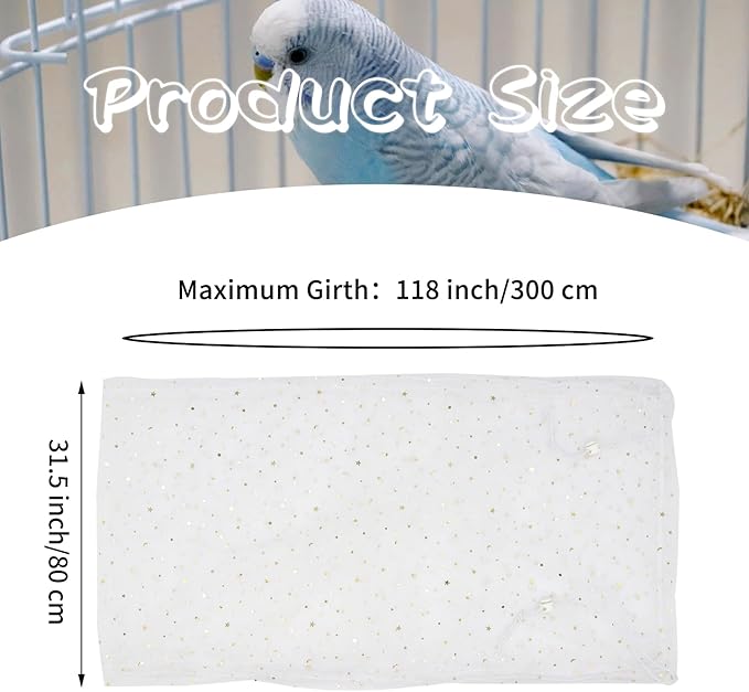 Daoeny Bird Cage Seed Catcher, Large Bird Cage Cover, Adjustable Soft Airy Nylon Mesh Net, Birdcage Cover Skirt Seed Guard for Parrot Parakeet Macaw African Round Square Cages (White, Sequins Star)
