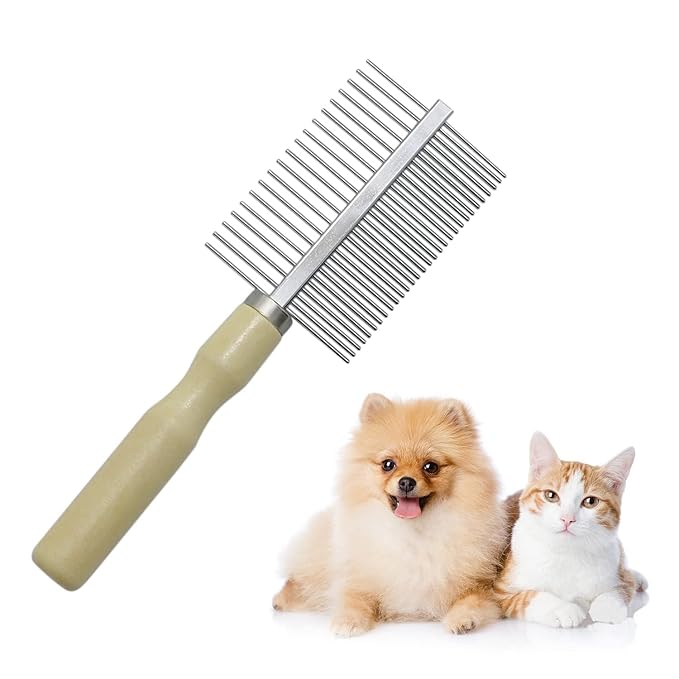 Pet Comb for Dog Cat Rabbit Grooming, Dog Stainless Steel Combs with Wooden Handle, Small Cat Flea Lice Comb for Removes Mats, Tangles and Loose Fur
