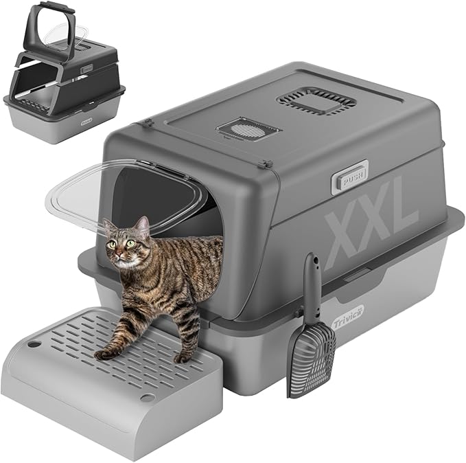 Stainless Steel Cat Litter Box with Lid, XX-Large Extra Large Litter Box for Big Cats, Enclosed Removable Metal Cat Box with High Sided Enclosure,Magnetic Door,40L Box, Litter Trap Step/Mat