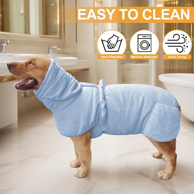KOOGALSmall to Medium Size Dog Bathrobe, Quick Drying Super Absorbent Used for After Bathing, Warm Dog Towels, Adjustable Hoodies and Belts for Pet Dogs Bath Clothes Products(Blue Jacquard, L)