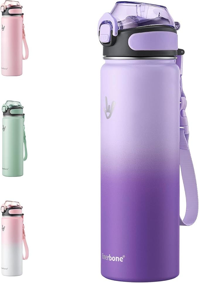 Enerbone 24 oz Insulated Water Bottle, Stainless Steel Bottle with Carrying Strap, Double-Wall Vacuum Insulation Design, Leakproof Sports Bottle with Straw, Keep Drinks Cold or Hot for Hours